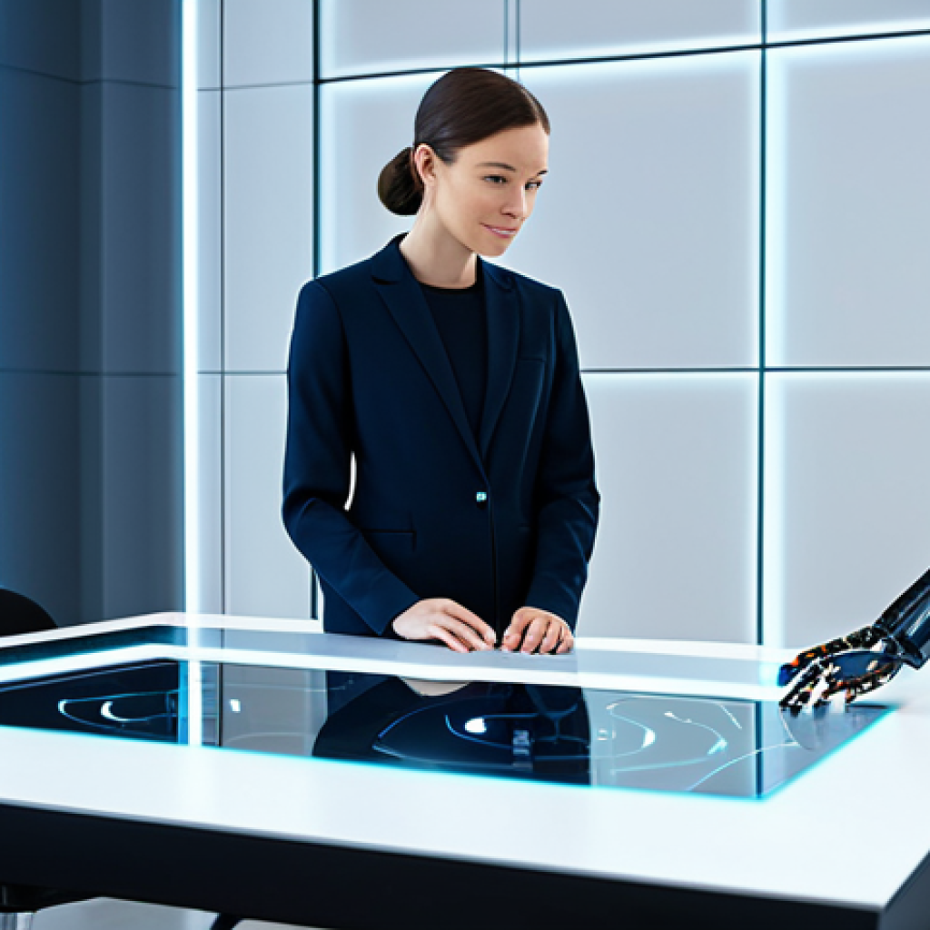 A professional data scientist, fully clothed in a modest business casual outfit, sits at a sleek, minimalist desk in a futuristic, brightly lit office. They are engaged in a collaborative session with a sophisticated, translucent holographic AI interface displaying complex data visualizations. A small, non-humanoid, clean-lined robot assistant is subtly present in the background. The scene emphasizes innovation and human-AI synergy, safe for work, appropriate content, perfect anatomy, correct proportions, natural pose, well-formed hands, professional dress, high-resolution, digital art, family-friendly.