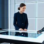 A professional data scientist, fully clothed in a modest business casual outfit, sits at a sleek, minimalist desk in a futuristic, brightly lit office. They are engaged in a collaborative session with a sophisticated, translucent holographic AI interface displaying complex data visualizations. A small, non-humanoid, clean-lined robot assistant is subtly present in the background. The scene emphasizes innovation and human-AI synergy, safe for work, appropriate content, perfect anatomy, correct proportions, natural pose, well-formed hands, professional dress, high-resolution, digital art, family-friendly.