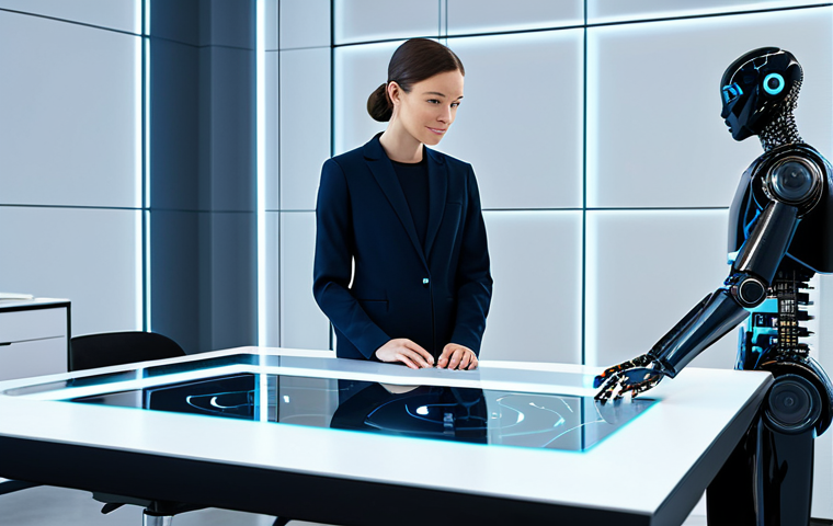 A professional data scientist, fully clothed in a modest business casual outfit, sits at a sleek, minimalist desk in a futuristic, brightly lit office. They are engaged in a collaborative session with a sophisticated, translucent holographic AI interface displaying complex data visualizations. A small, non-humanoid, clean-lined robot assistant is subtly present in the background. The scene emphasizes innovation and human-AI synergy, safe for work, appropriate content, perfect anatomy, correct proportions, natural pose, well-formed hands, professional dress, high-resolution, digital art, family-friendly.